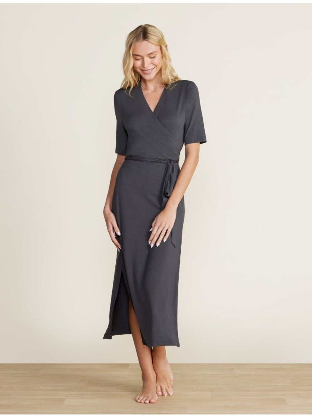 NEW Barefoot Dreams Luxe Milk Jersey® 3/4 Sleeve Wrap Dress, Carbon, Women Large